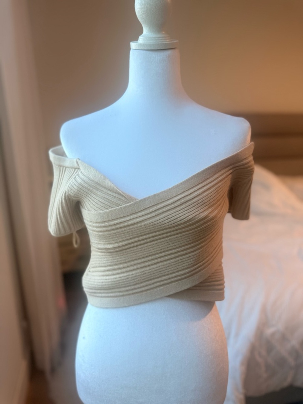 American Eagle Outfitters Beige Ribbed Off-Shoulder Crop Top